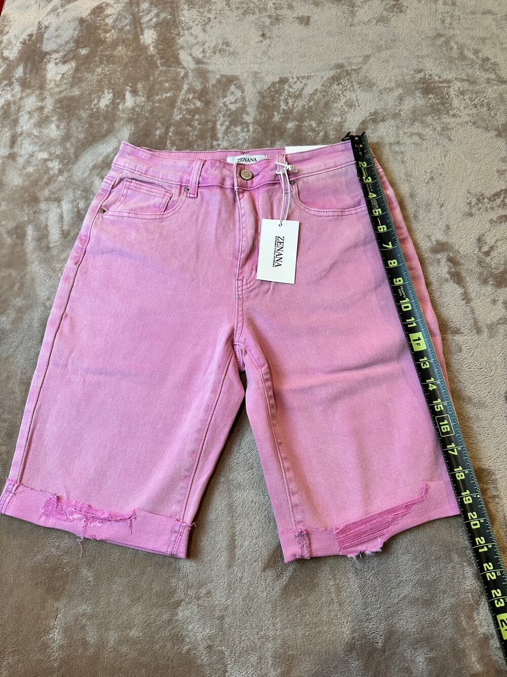 NWT Zenana Pink Stretch Denim Bermuda Shorts Size M Distressed Hem